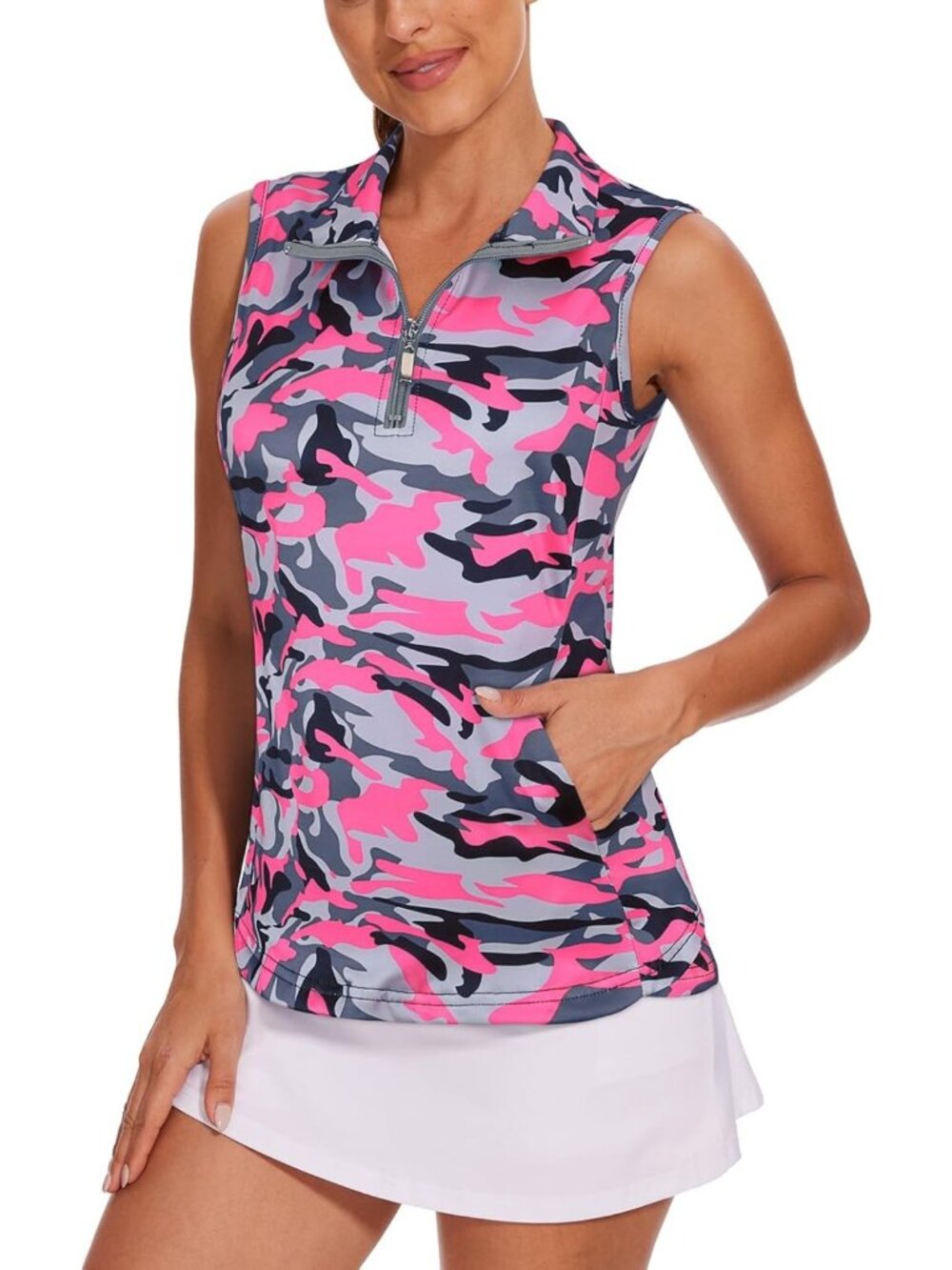 Stylish Women's Sleeveless Golf Shirt with Zip Up, Workout Top & Pockets